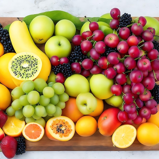 Fresh fruit arrangement on wooden board a vibrant bunch centered amidst a light green backdrop