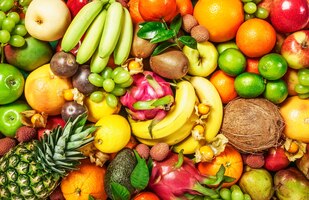 写真 健康的な食事とダイエットの概念、冬の品揃え、上面図としての新鮮な果物の背景