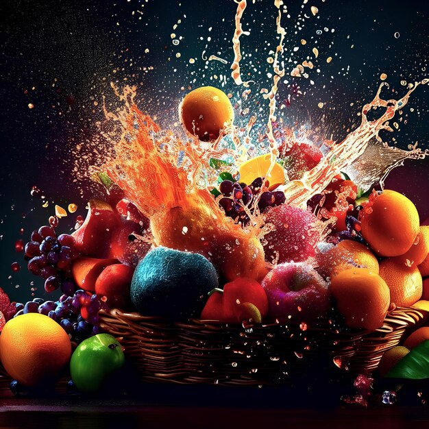 Fresh Fruit in a Basket with Colorful Splash Spotted Background Image AI Generated