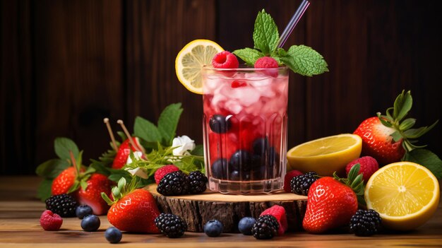 Fresh fruit and berry cocktail on shabby wooden board