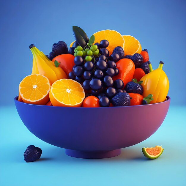 Fresh fruit bowl on a blue background multi fruit generative ai