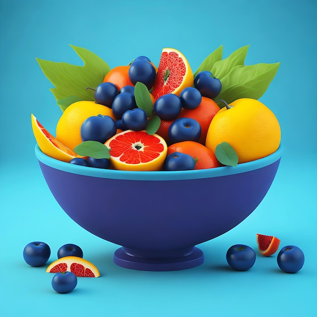 Fresh fruit bowl on a blue background multi fruit generative ai