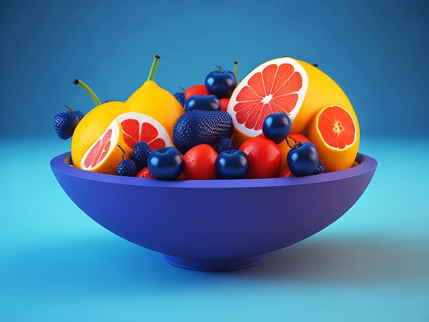 Fresh fruit bowl on a blue background multi fruit generative ai