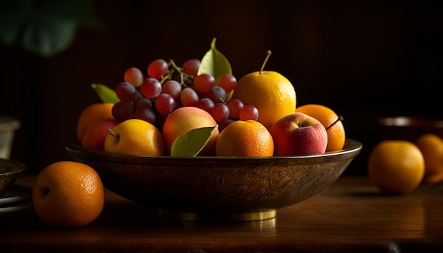 Fresh fruit bowl on rustic wood table generated by AI