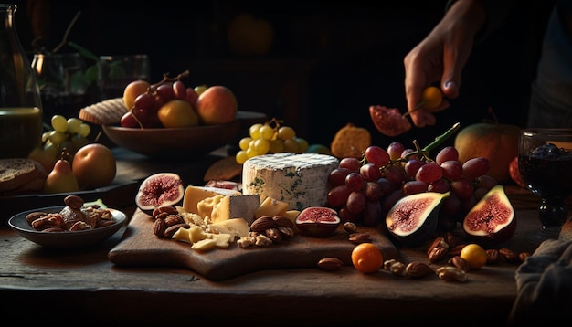 Fresh fruit and cheese on rustic wood plate generated by AI