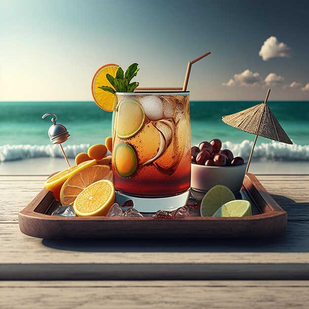 Fresh fruit cocktail beach background wallpaper image Ai generated art