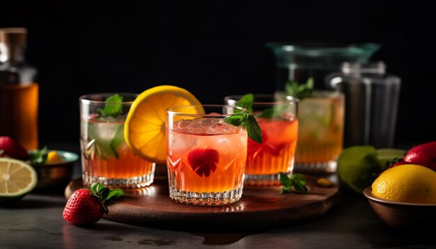 Fresh fruit cocktail with lime and mint leaf in drinking glass generated by AI