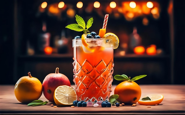 A fresh fruit cocktail on a wooden table for summer celebration