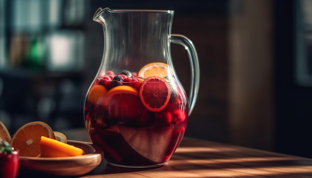 Photo fresh fruit cocktail on wooden table summer refreshment generated by ai