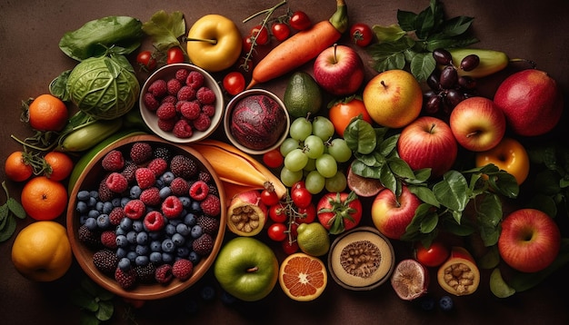 Raccolta di frutta fresca su tavola di legno alimentazione sana generata dall'intelligenza artificiale