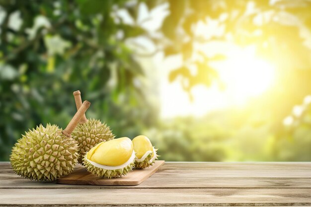 Foto durian di frutta fresca su tavolo a pavimento di legno con sfondo di piantagione di durian re della frutta in thailandia concetto di frutta durian d'oro.