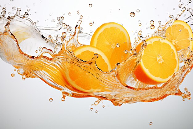 Photo fresh fruit floating orange juice or cocktail drinks summer beverage concept with ice water drops splashing background