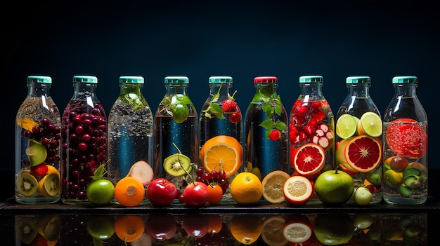 fresh fruit in the glass bottles on a black background