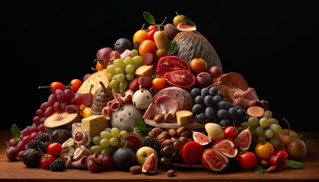 Fresh fruit and gourmet delicatessen on a wood table composition generated by artificial intelligence