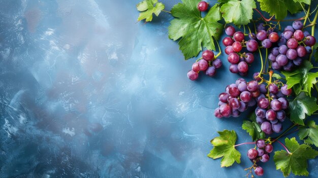 Fresh fruit grape and leaves on the pastel blue background Copy space generative AI