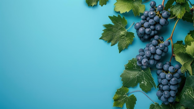 Fresh fruit grape and leaves on the pastel blue background Copy space generative AI