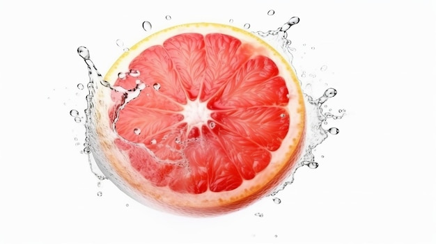 Свежий фруктовый грейпфрут с брызгами воды на белом фоне