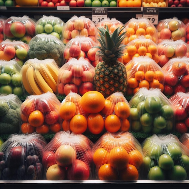 Photo fresh fruit is neatly arranged and wrapped in plastic