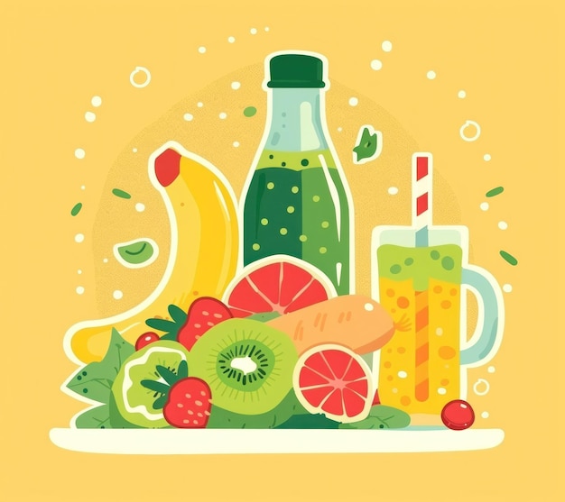 Photo fresh fruit and juice platter with kiwi and bottle for healthy eating and wellness concept