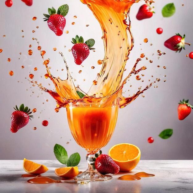 Fresh fruit juice splashing decorated with fruits