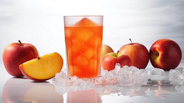 Fresh fruit juice with ice cubes and red apples on a white background
