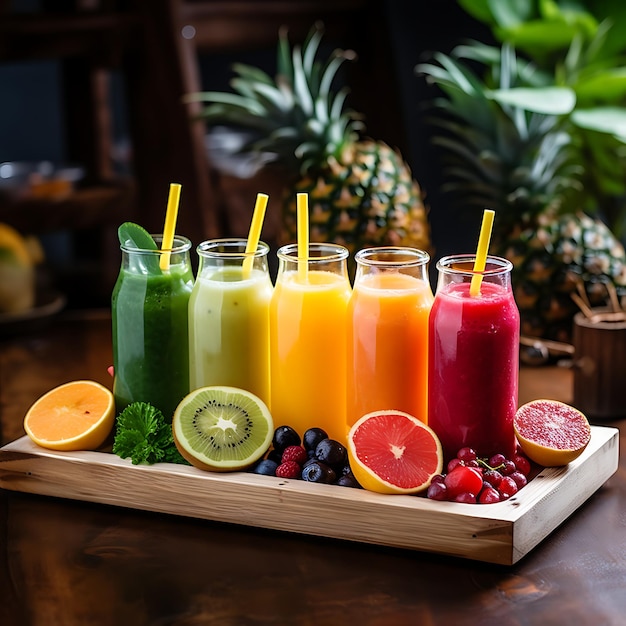 Fresh fruit juices in a glass on a wooden background