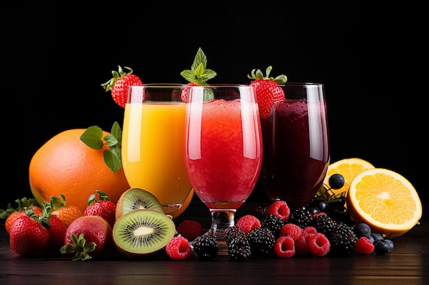 Fresh fruit juices in glasses with fruits and berries