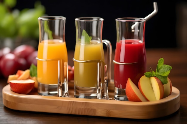 Fresh fruit juices in glasses on a wooden table