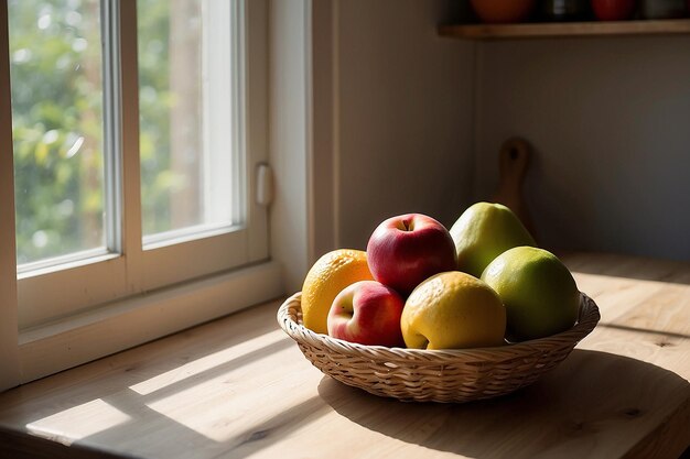 은 창문 의 나무 테이블 위에 있는 부의 신선한 과일