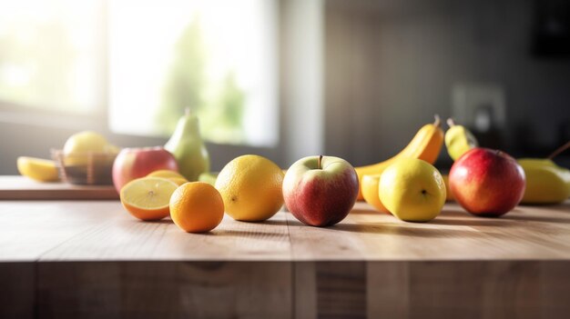 Fresh fruit in the kitchen on a wooden table Generative ai