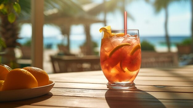 Fresh fruit mocktail with a beach view