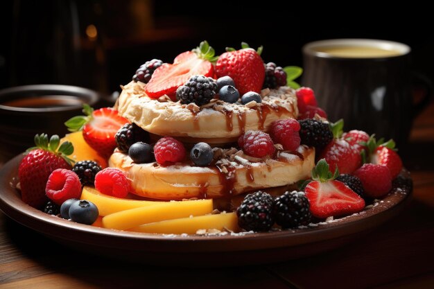 Foto pancake di frutta fresca in piastra di legno rustico generata da ia generativa