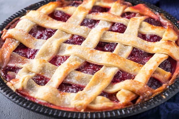 Fresh fruit pie with plum. Closeup