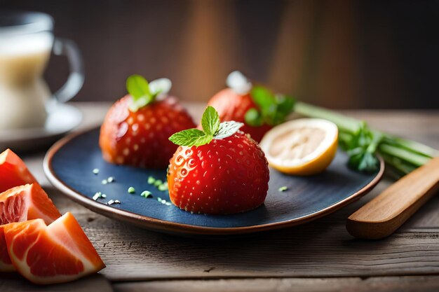 fresh fruit on a plate with a spoon and a glass of water