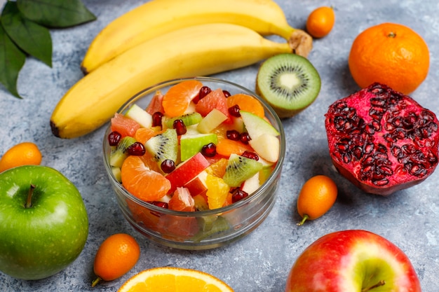 Fresh fruit salad in the bowl with fresh fruits.