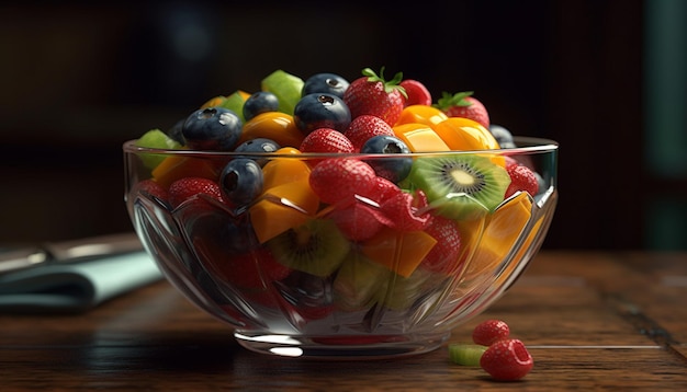 Fresh fruit salad bowl with ripe berries and sweet pineapple generated by artificial intelligence