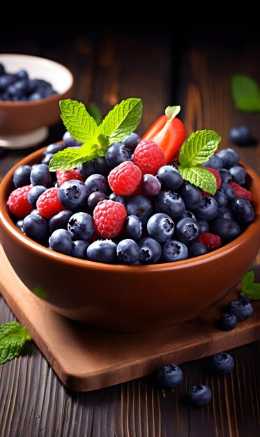 Fresh fruit salad in a bowl on wooden background