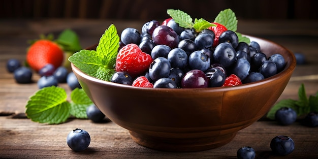 Fresh fruit salad in a bowl on wooden background