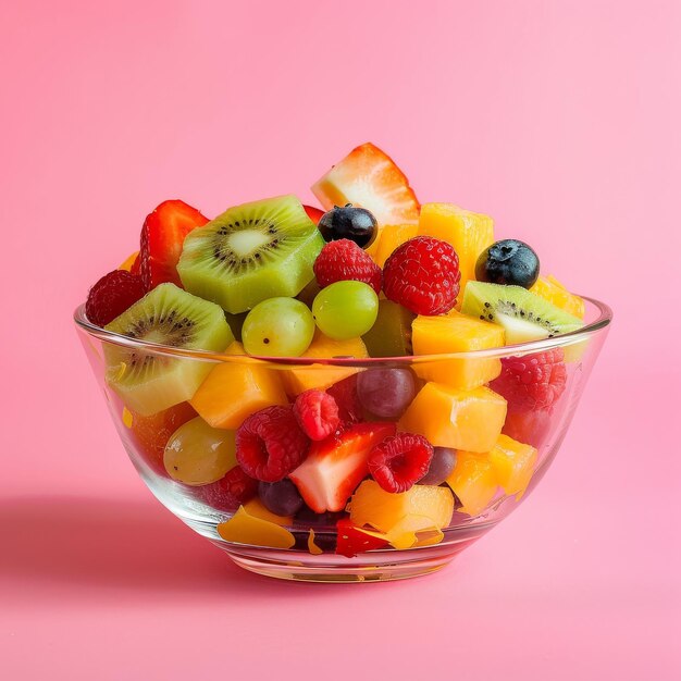 Fresh fruit salad in a glass bowl on a pink background