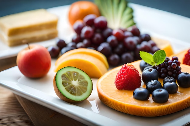 a fresh fruit salad is displayed on a white tray.