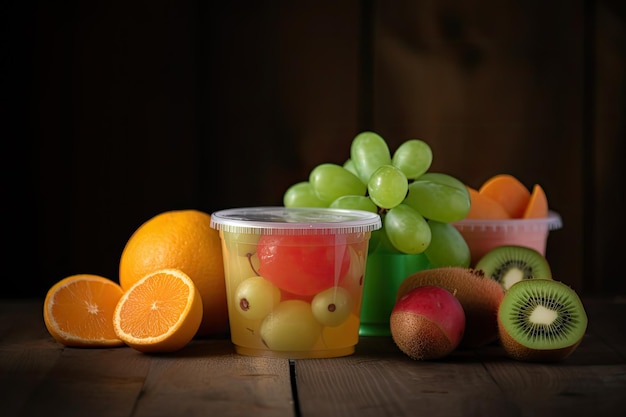 Fresh fruit salad in a plastic bowl for summer AI generative