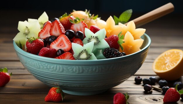 Photo fresh fruit salad on wooden table a healthy summer snack generated by ai