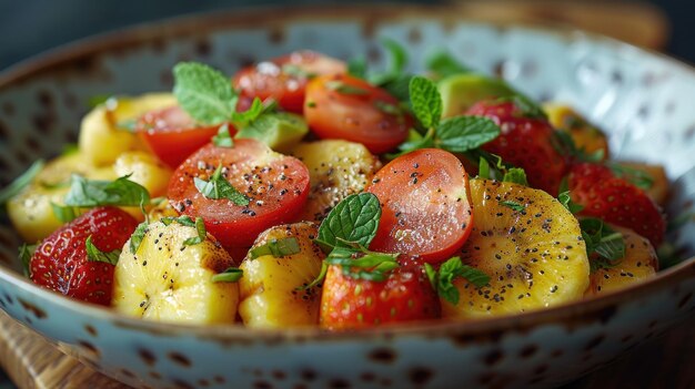 Foto insalata di frutta fresca su tavola di legno