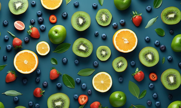 Fresh fruit in the style of birdseyeview simplified lightbox kimoicore