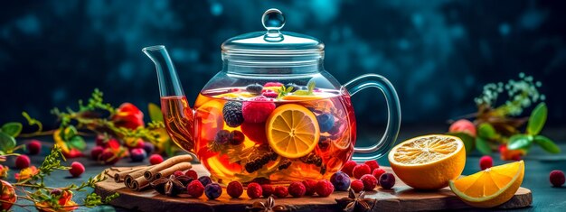 Photo fresh fruit tea in a glass teapot banner made with generative ai