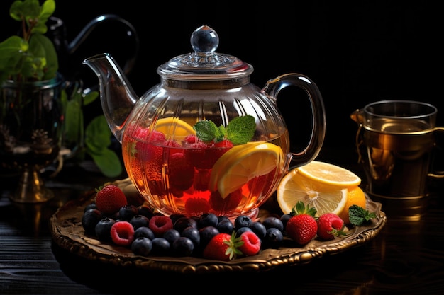 Fresh fruit tea in a glass teapot colorful