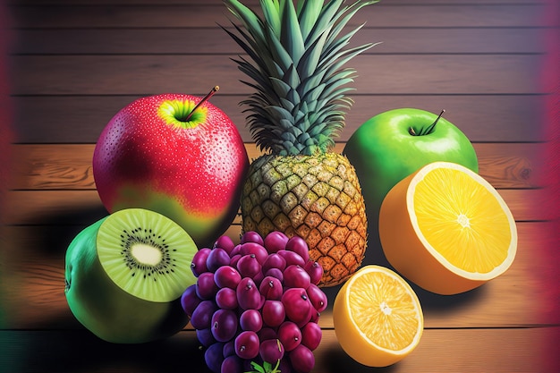 Fresh fruit in various colors on a wood table Summer fruit pineapple apple lime and banana in a flat lie position