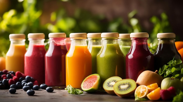 Fresh fruit and vegetable smoothies or juice in bottle