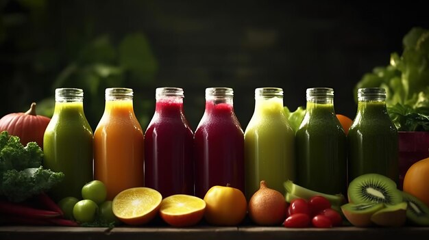 Generative AI の周りにさまざまな材料が入ったボトルに入った新鮮な果物や野菜のスムージーやジュース