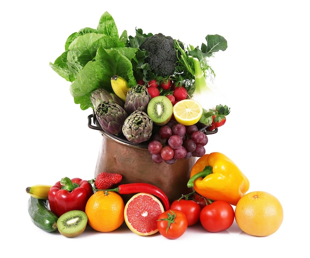 Fresh fruit and vegetables collage on pot on white background